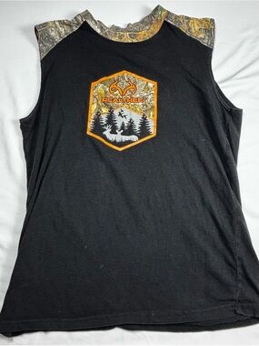 Realtree Black Tank with Camo Shoulder Panels and Orange Crest